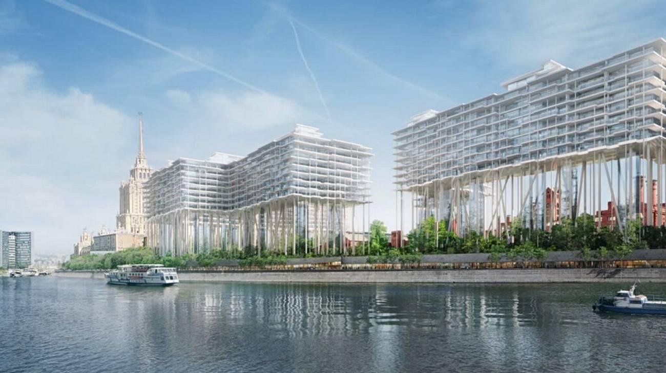 Immagine tipo rendering al computer di progetto di edifici moderni in riva a un fiume o canale.