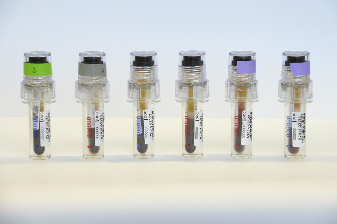 Sei provette contenenti sangue ed etichettate con diversi colori esposte in verticale una accanto all altra; sfondo neutro