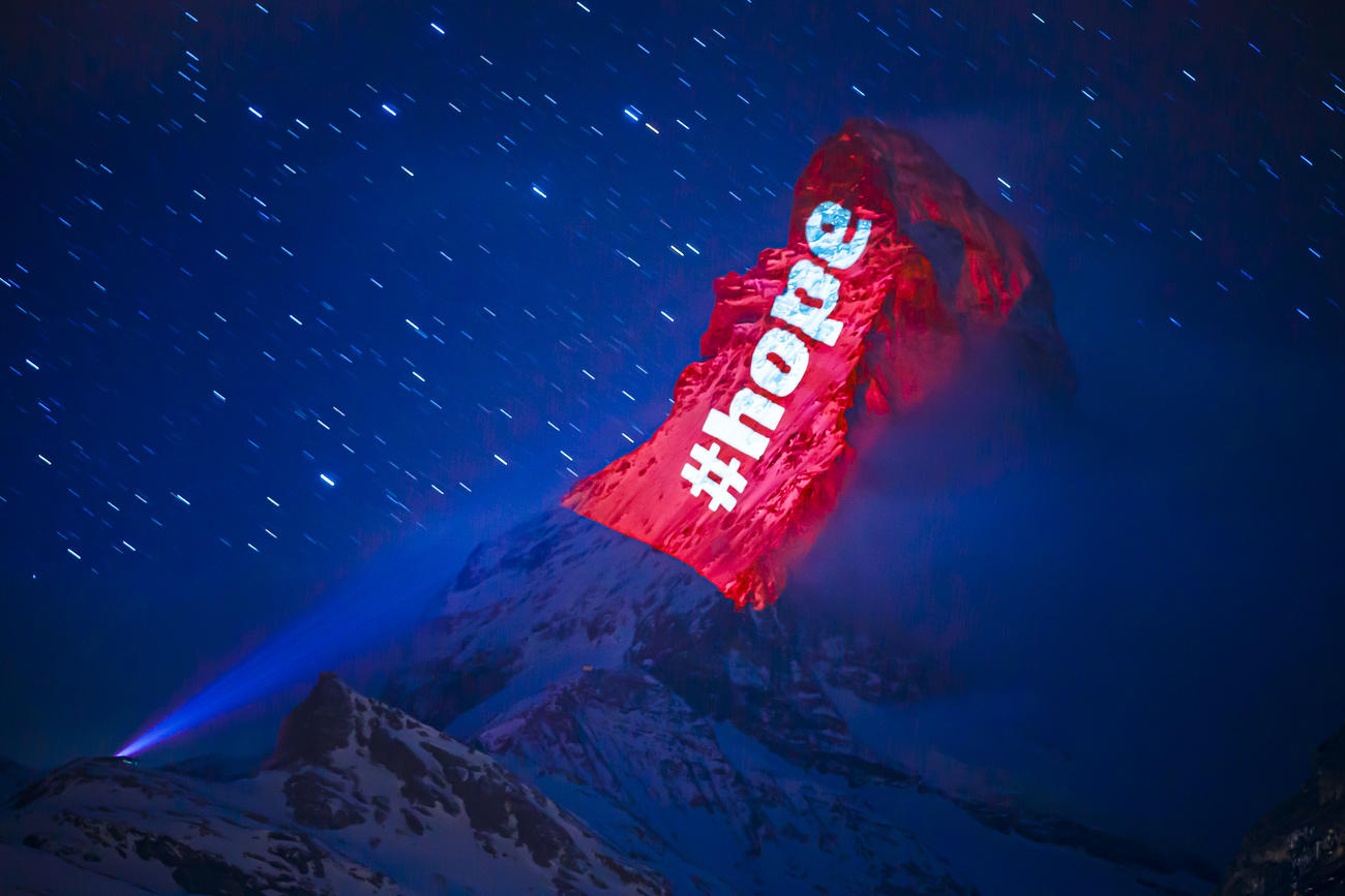 Matterhorn lit up with the message hope