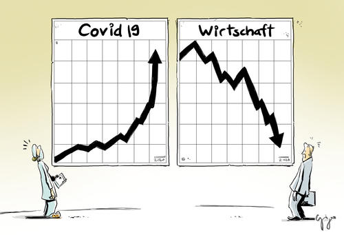 Personas delante de dos gráficos, uno ascendente, otro en caída