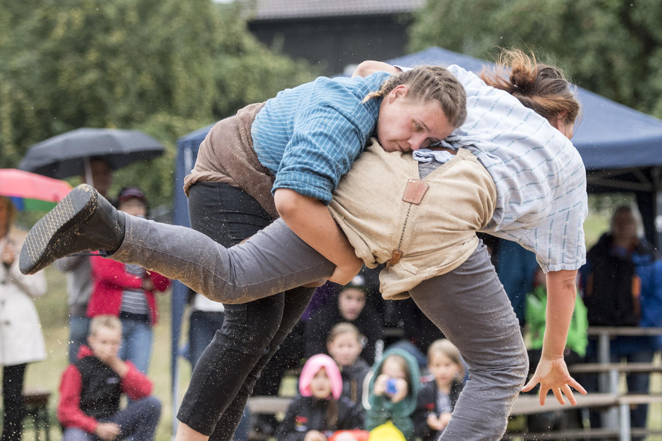 Female Swiss wrestlers during competition