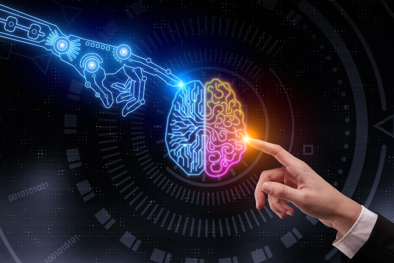 A 3D rendering of two hands pointing at glowing digital brain. Artificial intelligence and future concept.