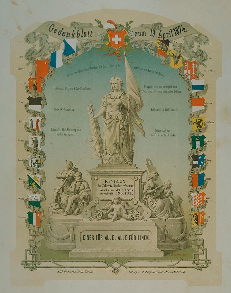 1874年のスイス連邦憲法改正を記念したリトグラフ