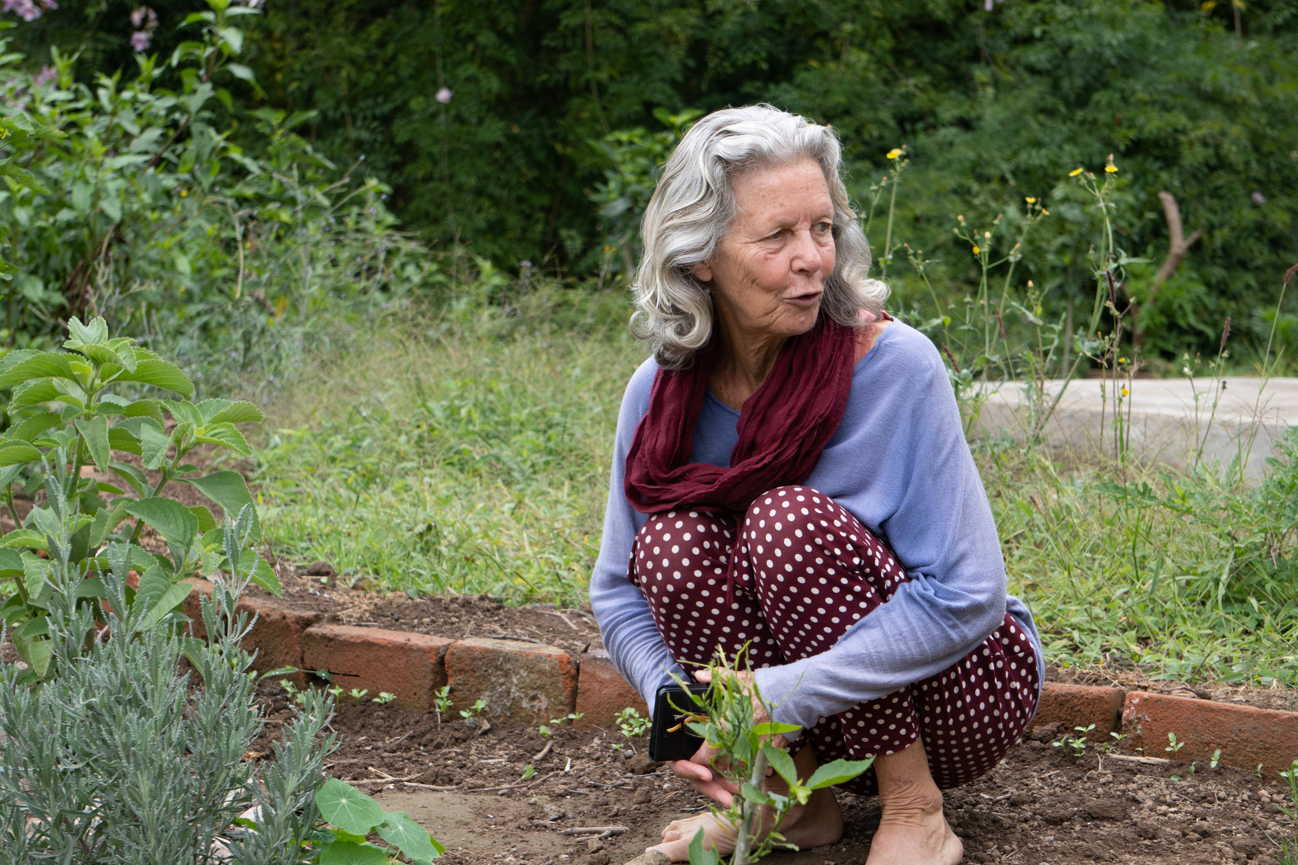 Eine Frau mit grauem Haar in einem Garten.