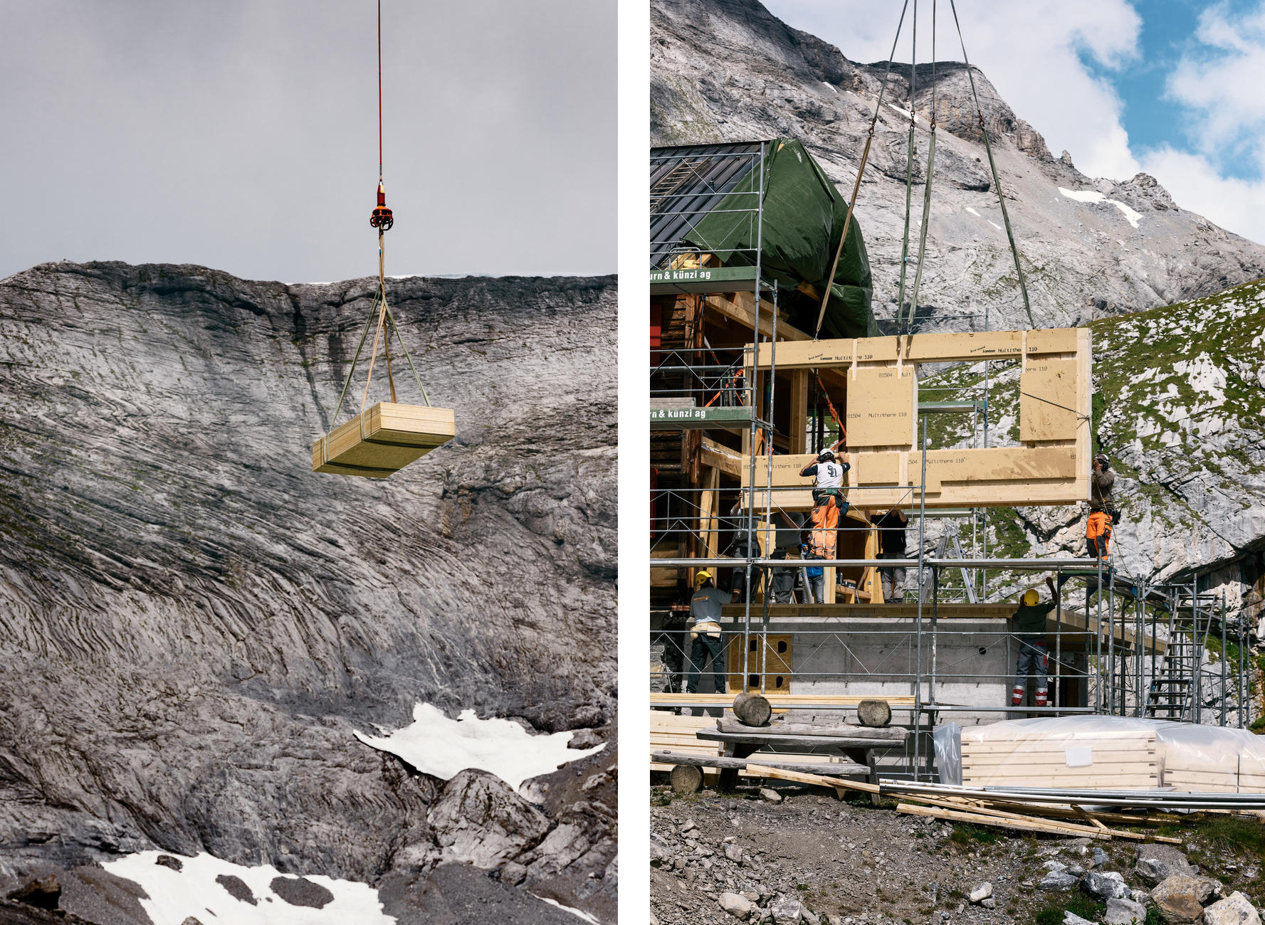 New materials are brought by helicopter for renovatations of the Laemmeren hut.