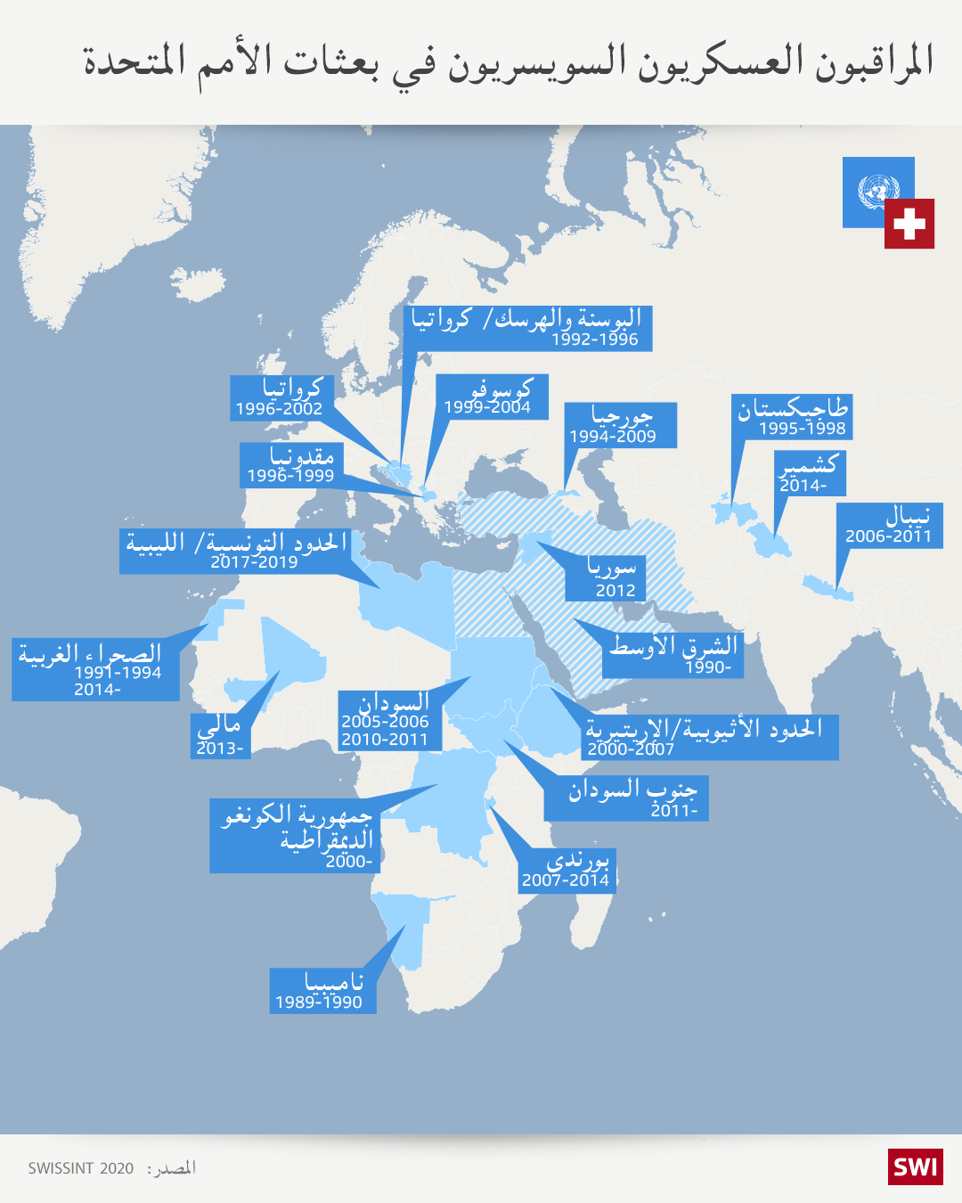 خريطة تظهر مواقع تواجد مراقبين عسكريين سويسريين في العالم
