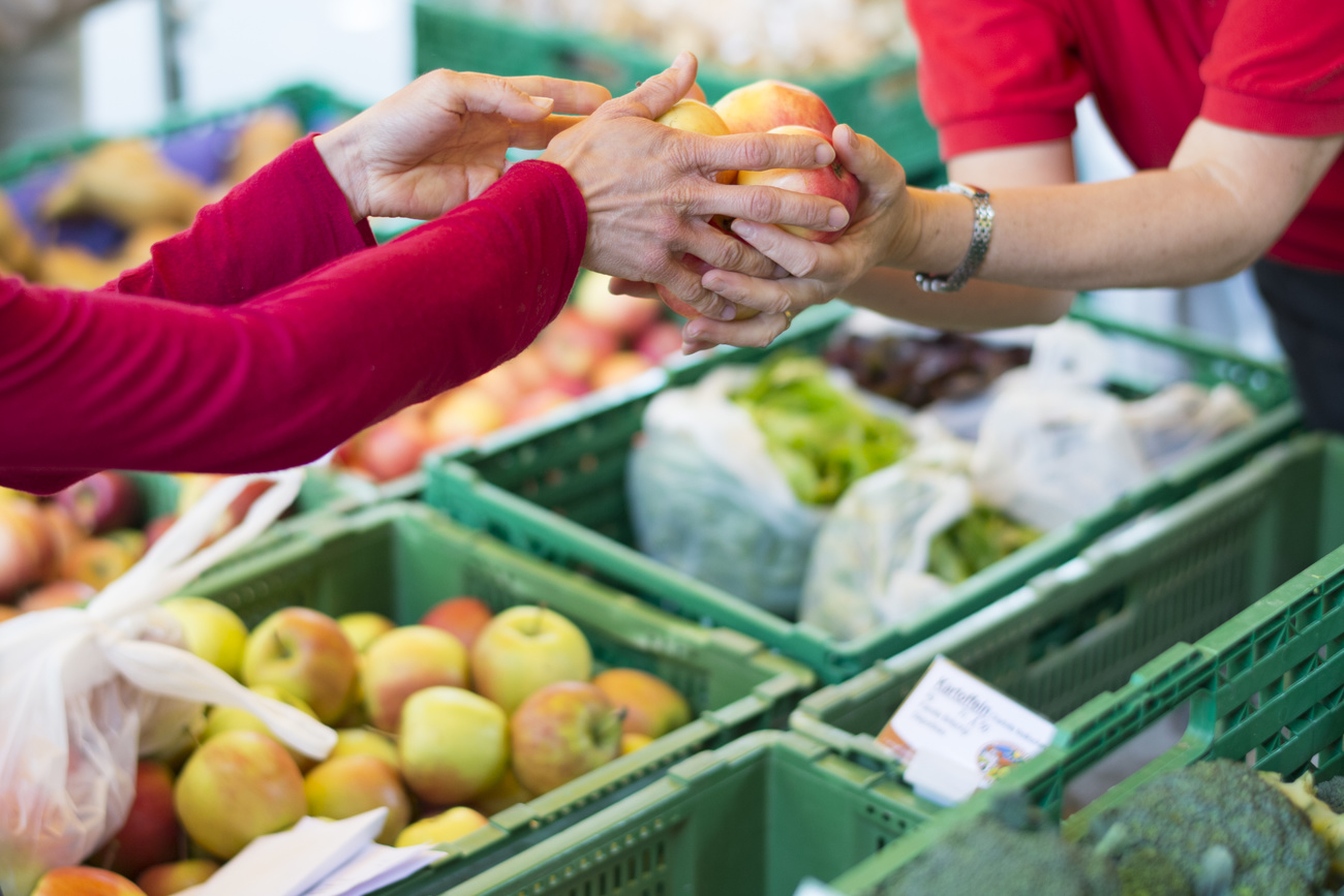 Handing apples to a customer