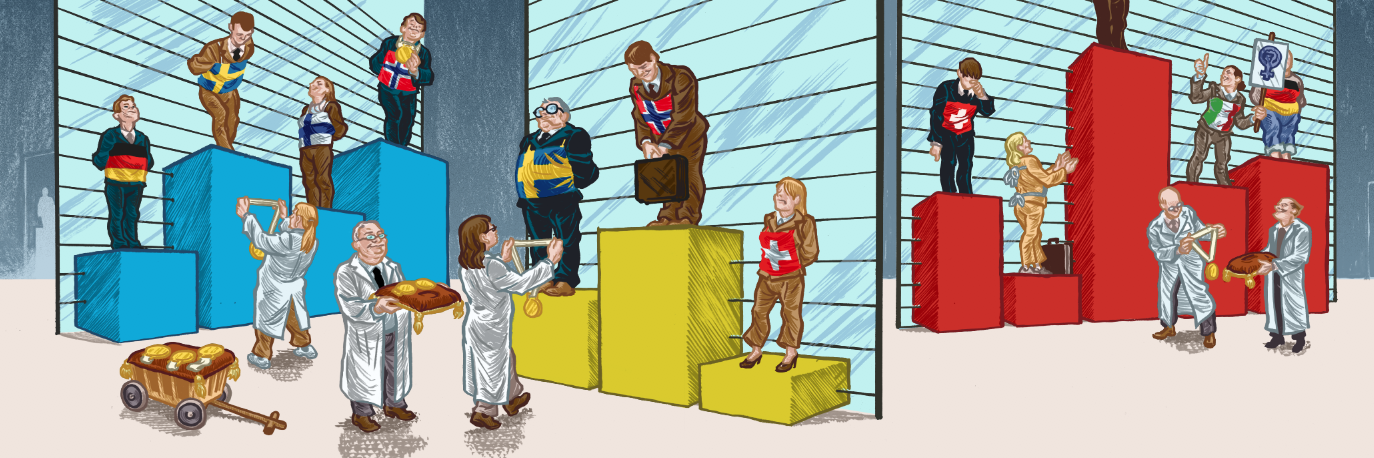 illustrazione di una premiazione con dei podi su cui ci sono persone che indossano bandiere di vari Paesi.