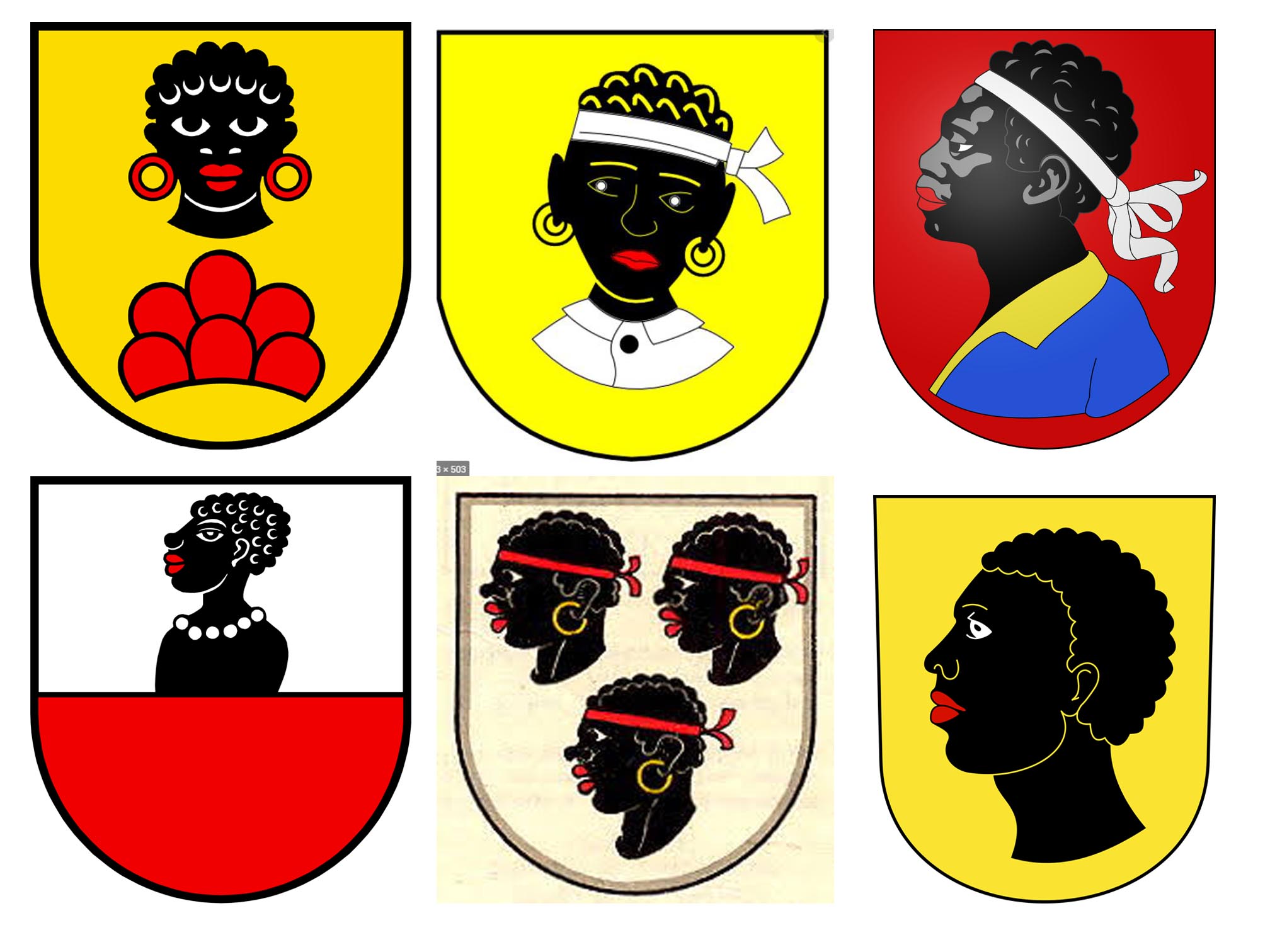 أنواع مختلفة من شعارات النبالة تحمل صورا لأشخاص من ذوي البشرة السوداء.