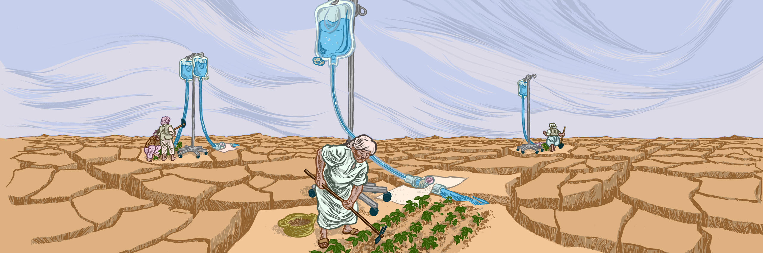 Illustration by Philip Schaufelberger shows an arid landscape being harvested with assistance from IV injections.