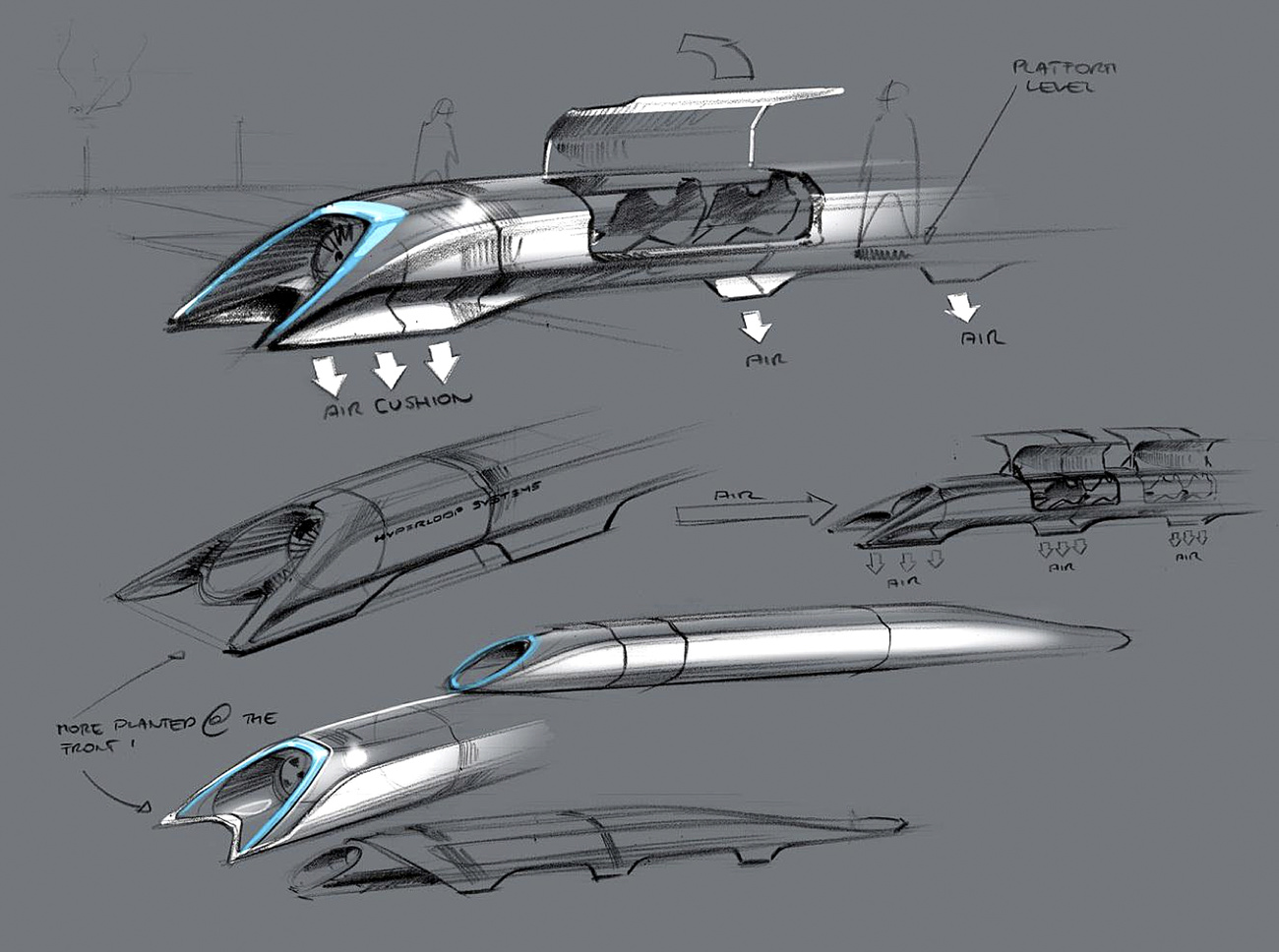 Conceptual design sketches released by Tesla Motors in August 2013 as part of a white paper on hyperloop passenger transp