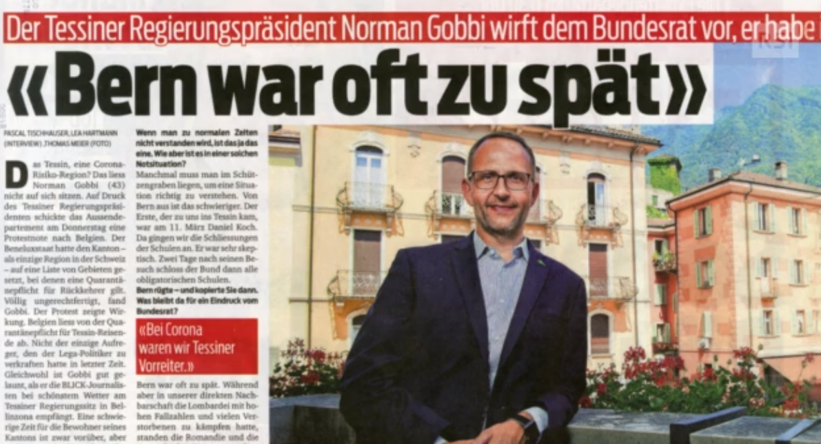 L articolo del Blick in cui il presidente ticinese Gobbi lamenta ritardi e impreparazione da parte delle autorità federali.