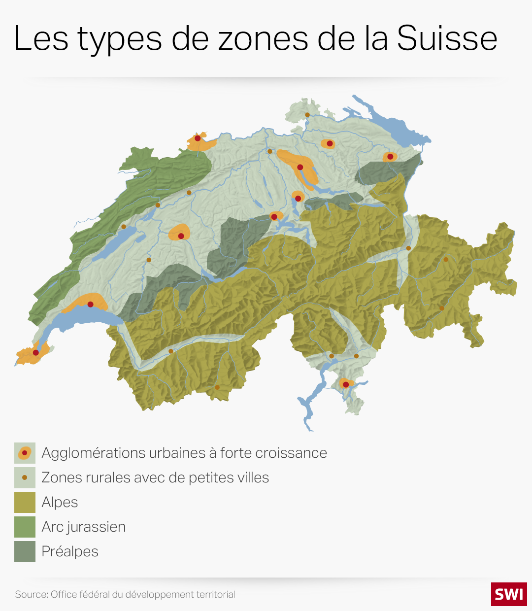 Carte montrant les différents types de zones en Suisse