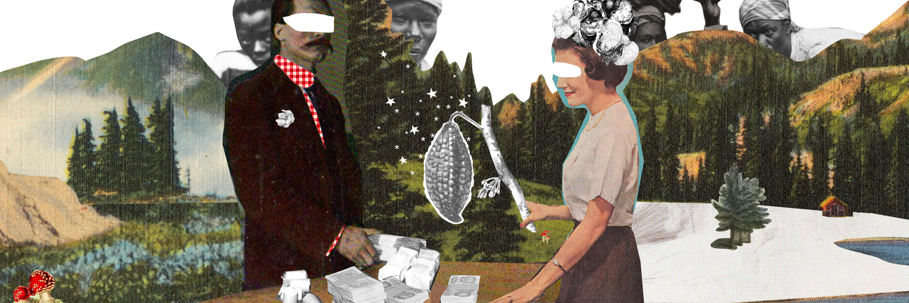 illustration, ein mann und eine frau, in der mitte eine kakaobohne