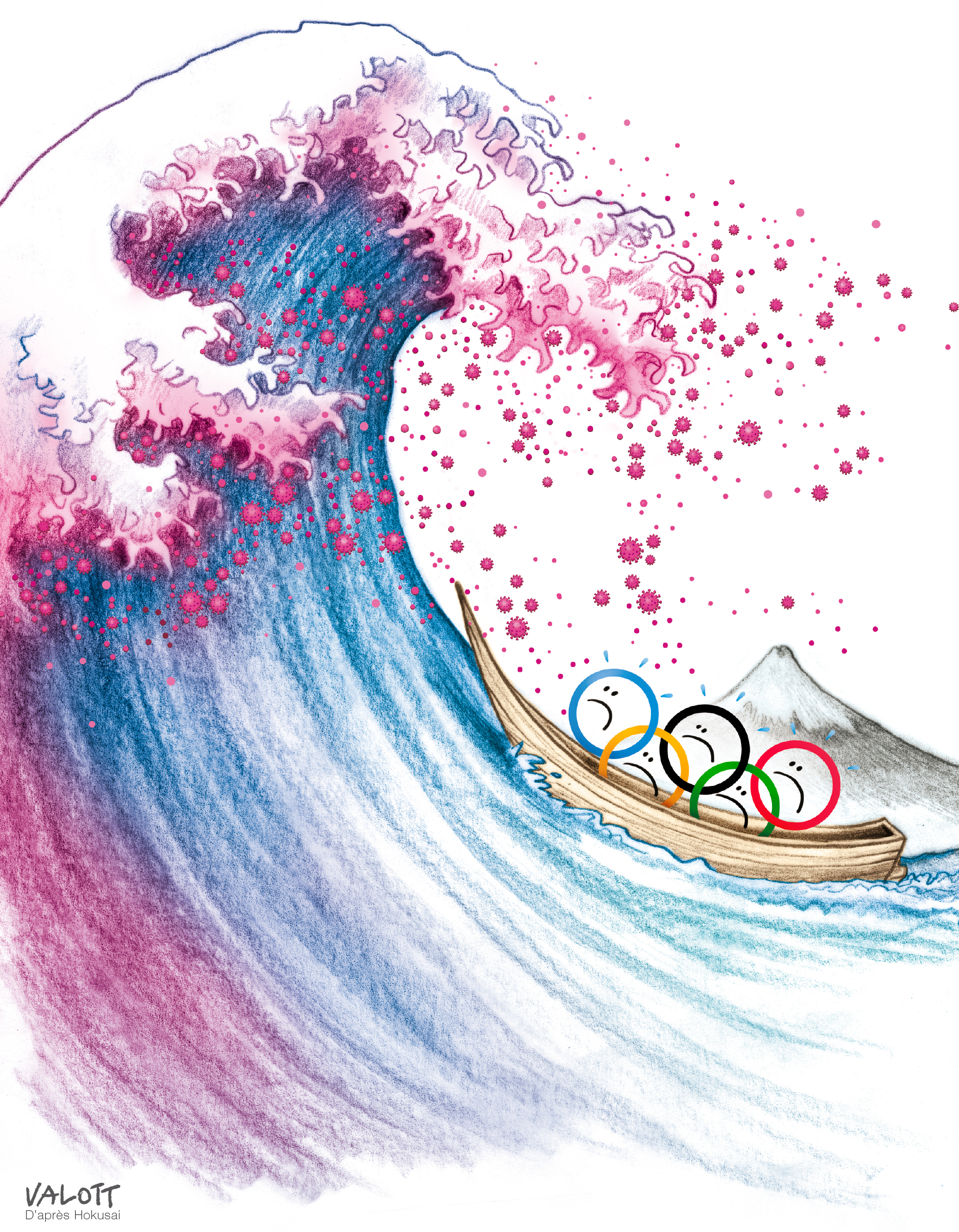 Una ola enorme amenaza a una balsa con los aros olímpicos