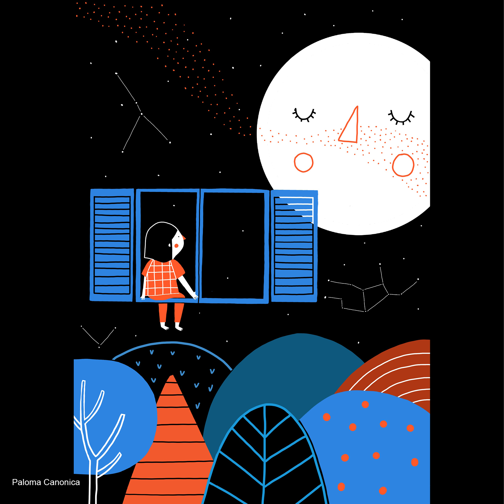 Dibujo de una niña que mira a la luna y está sentada en una ventana suspendida en el aire