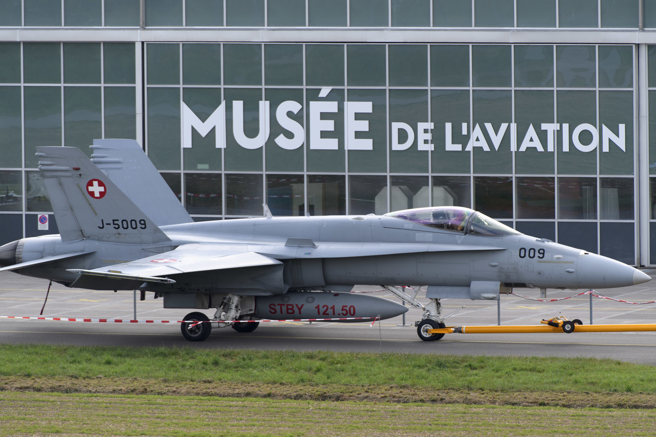 F/A-18 jet stationed outside the military museum at the Payerne airbase
