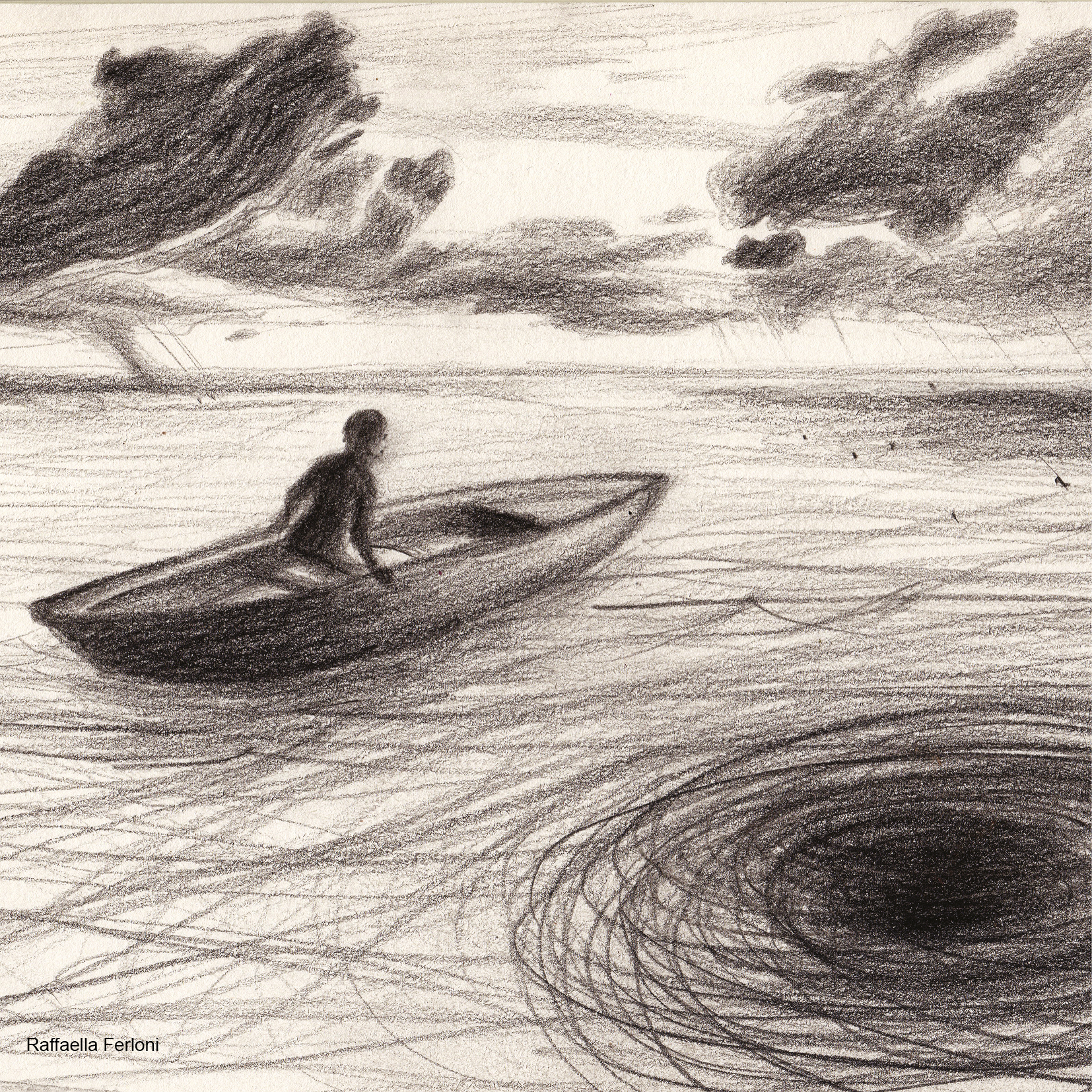 Dibujo de una persona en una canoa y un fondo de nubes formando un paisaje
