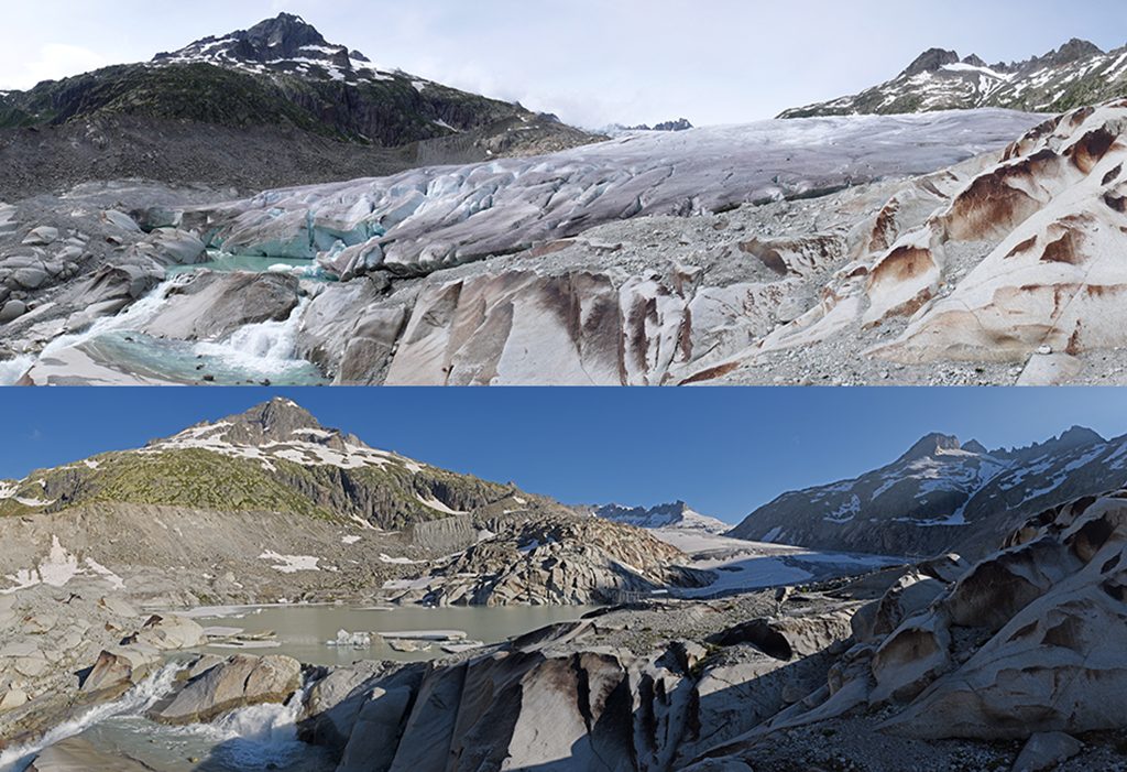 ヴァレー州のローヌ氷河(標高2210メートル)。上の写真:2007年6月28日撮影。下の写真:2019年7月5日撮影