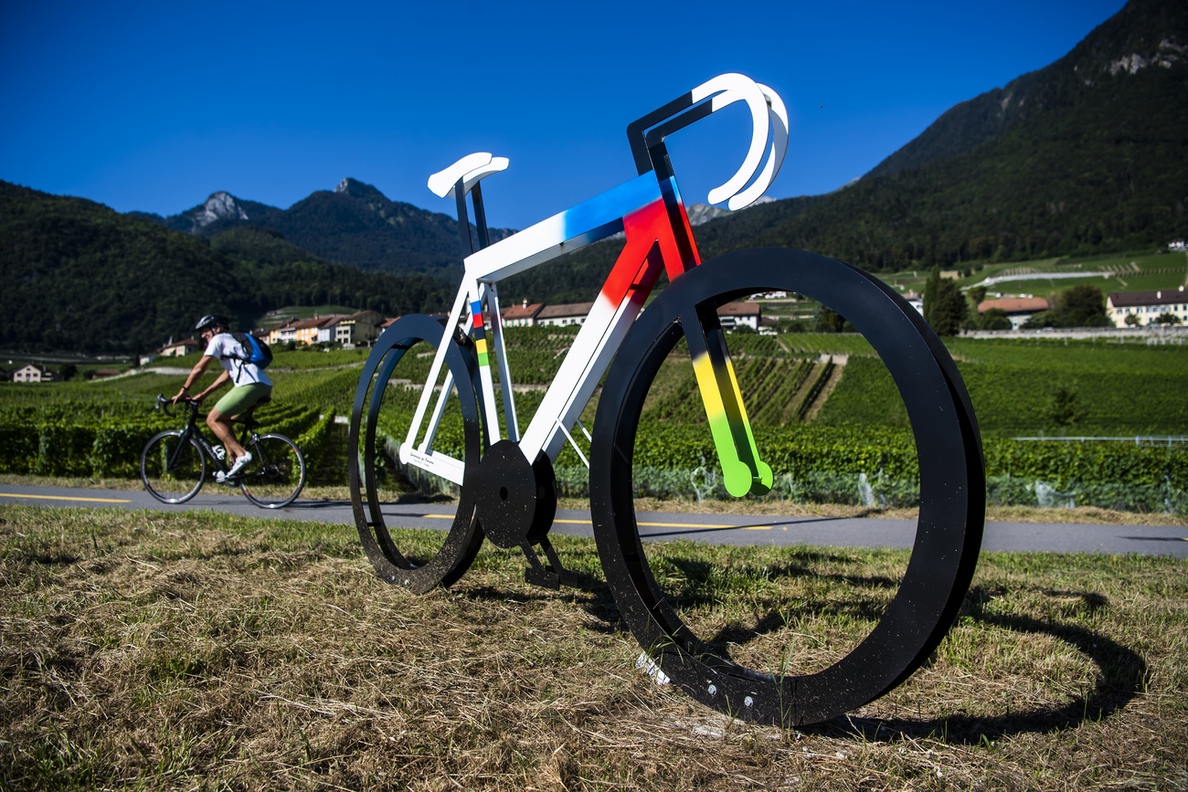Bicicletta stilizzata in metallo, colorata, esposta accanto a pista ciclabile in ambiente prealpino