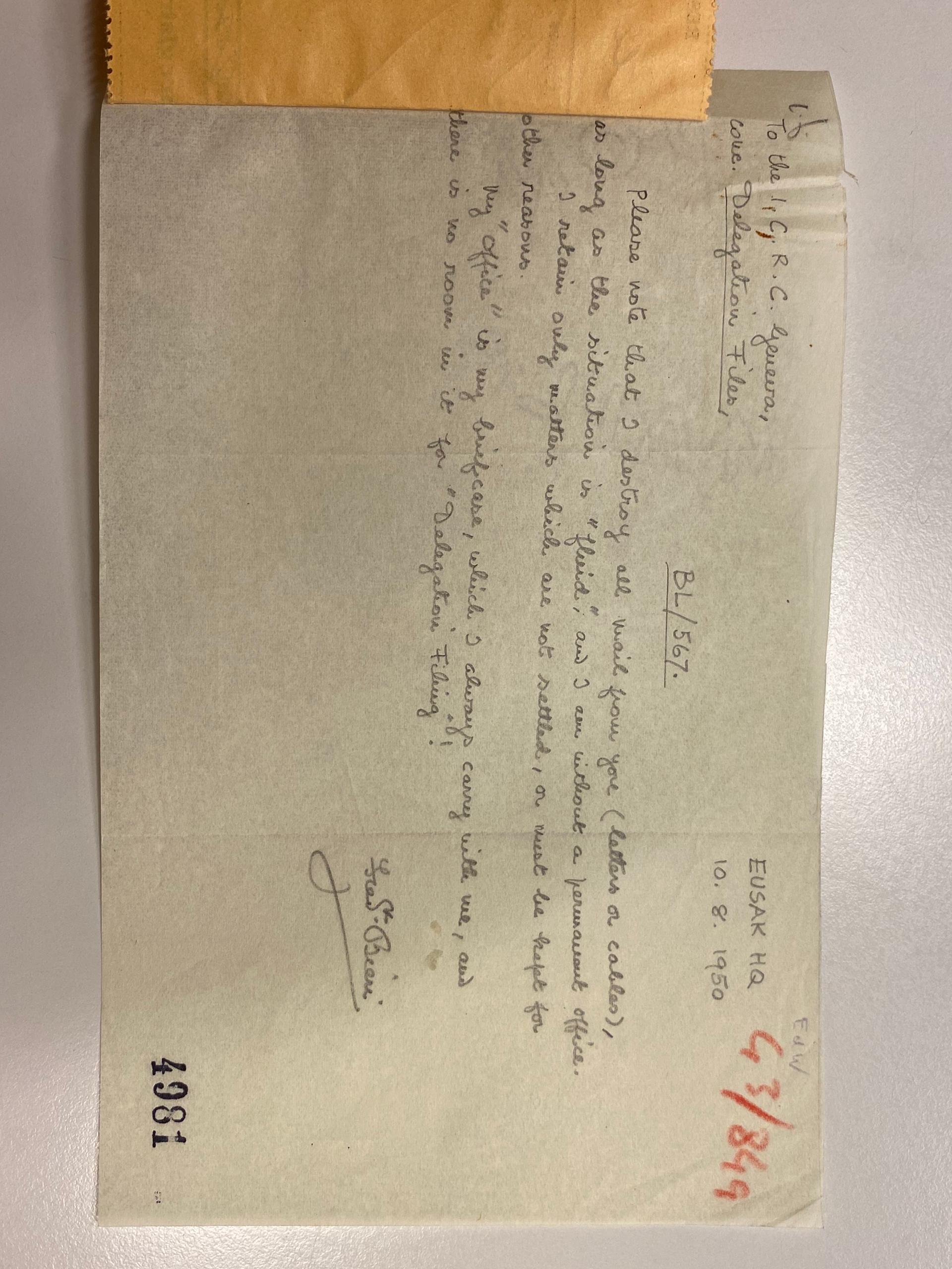 Une note écrite par Frédérick Bieri au CICR à Genève le 10 août 1950 à EUSAK