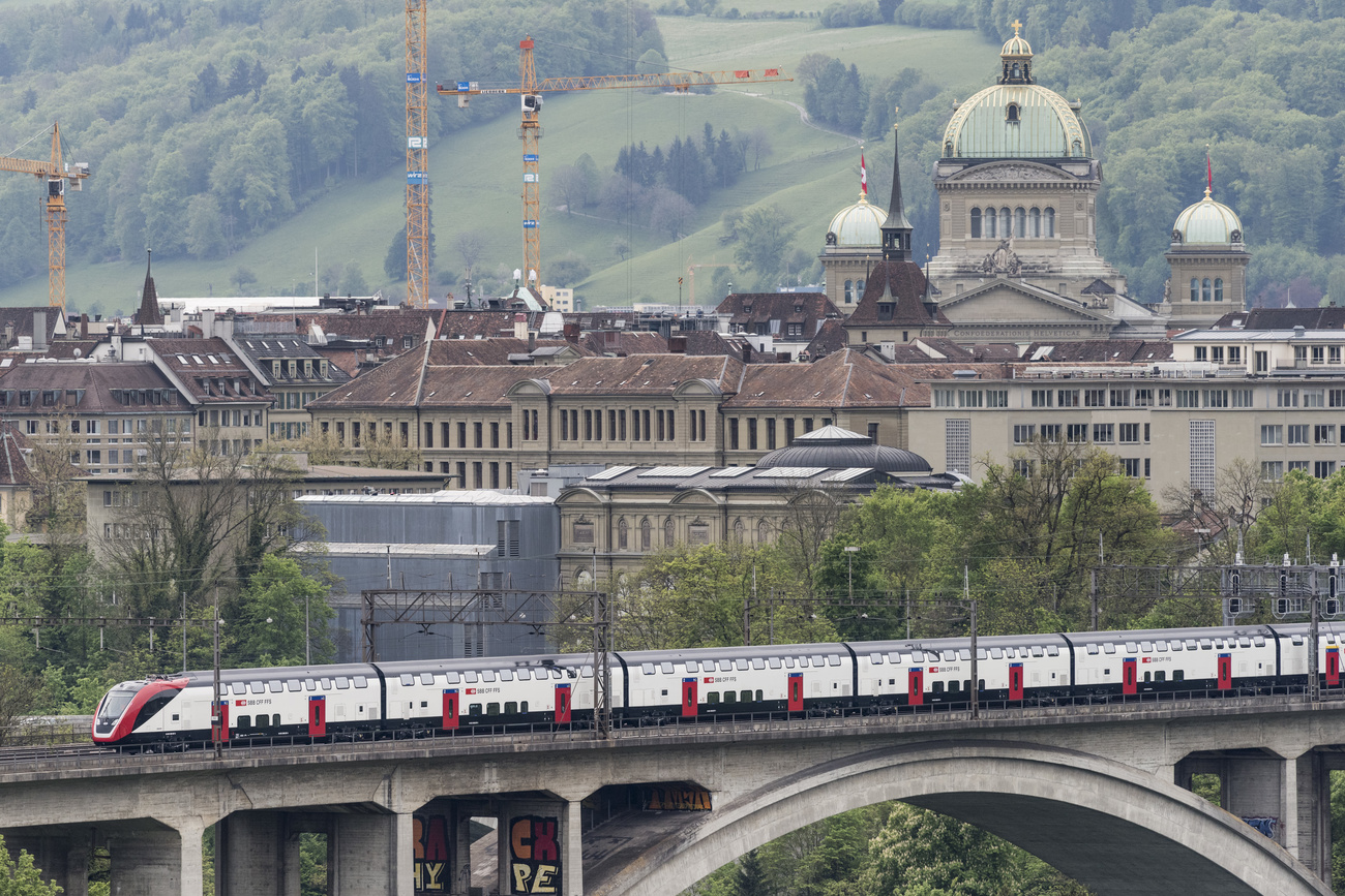 Double-decker train on a bridge