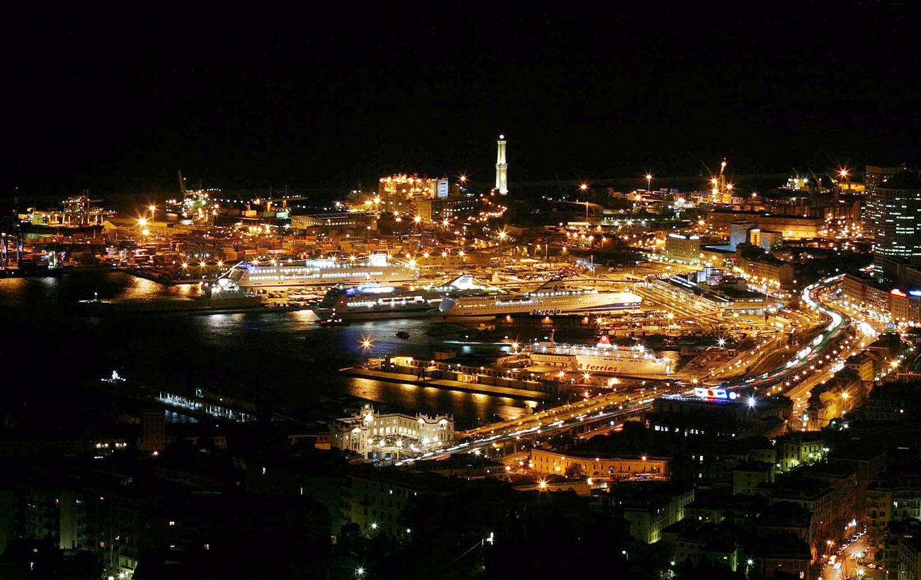 View of Genoa port at night