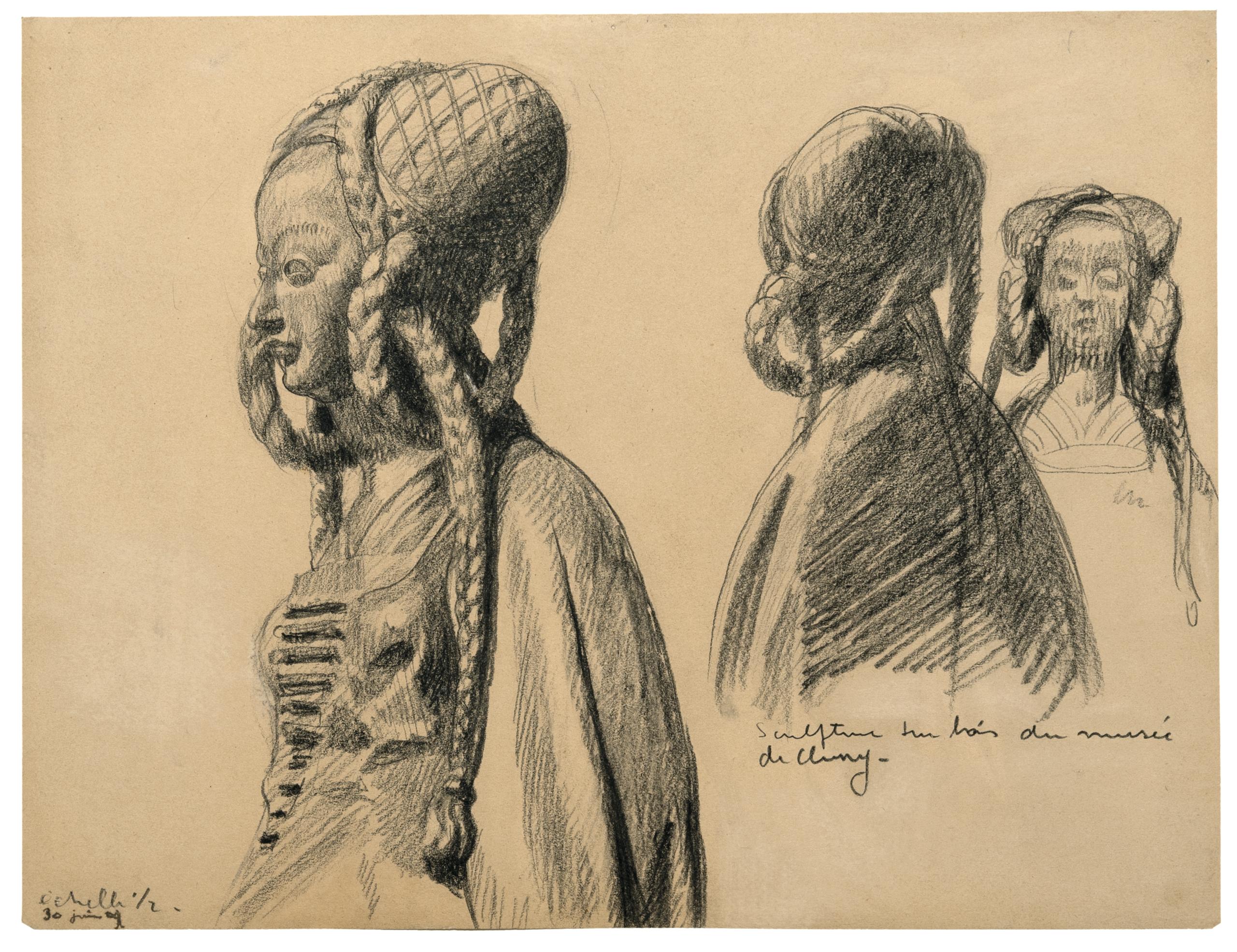 Busto di donna disegnato a matita in diverse prospettive.