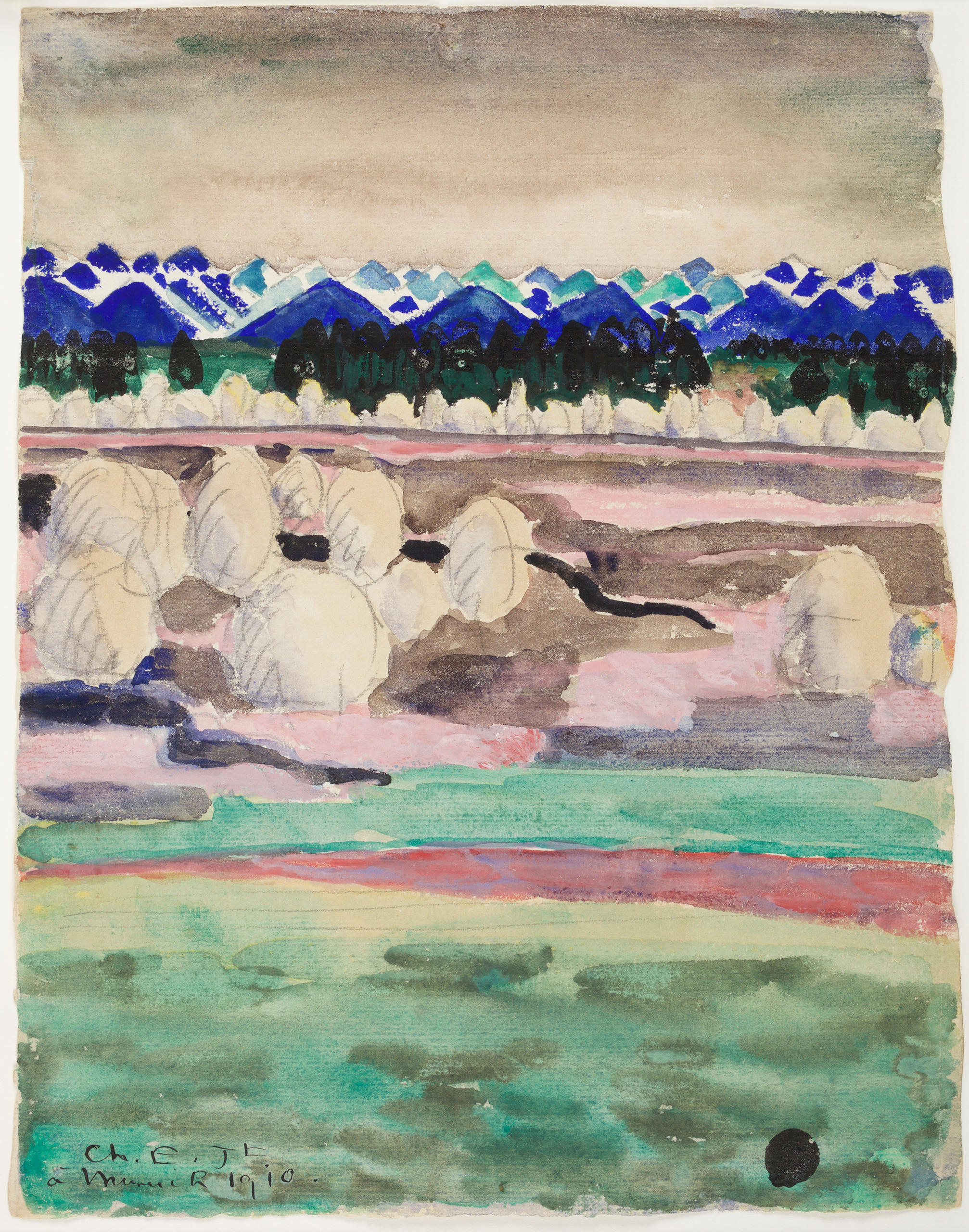 Dipinto ad acquerello di un paesaggio con montagne, colorate di azzurro.