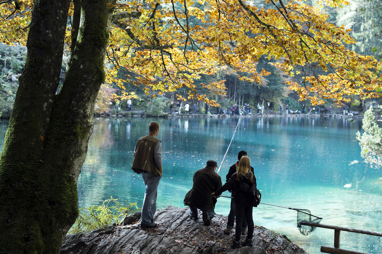 Diverse persone sulle rive del Blausee mentre stanno pescando.