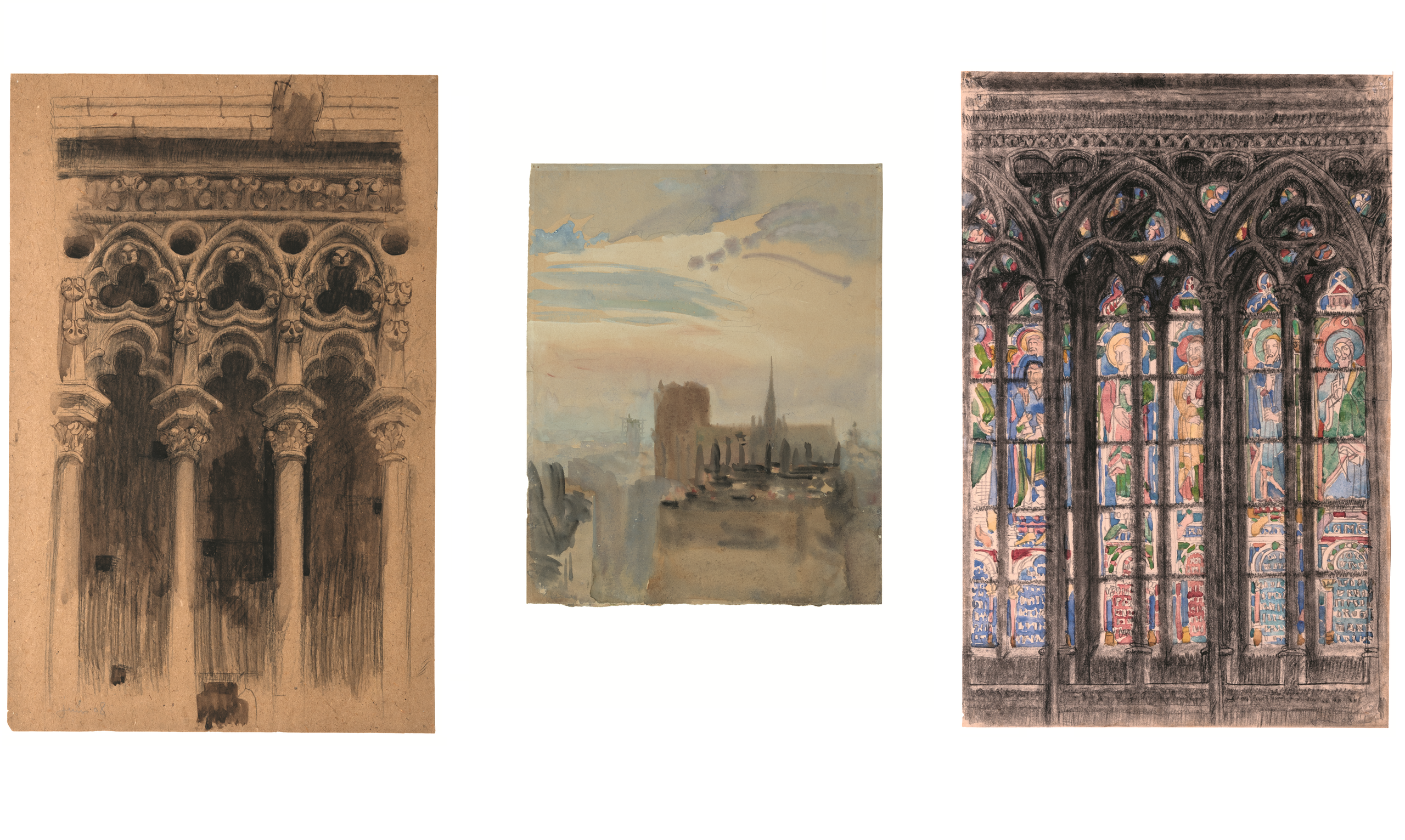 Tre disegni/dipinti della cattedrale di Notre Dame di Parigi.