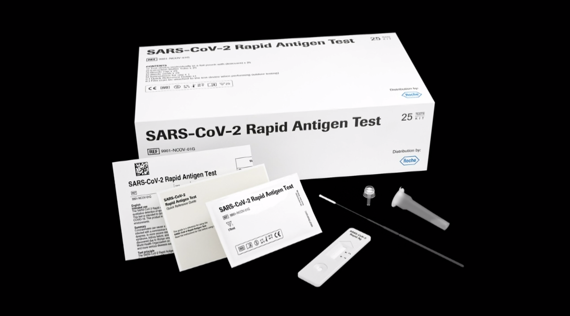 Immagine di un kit medico (confezione tipica da casa farmaceutica) con scritta SARS-CoV-2 Rapid Antigen Test