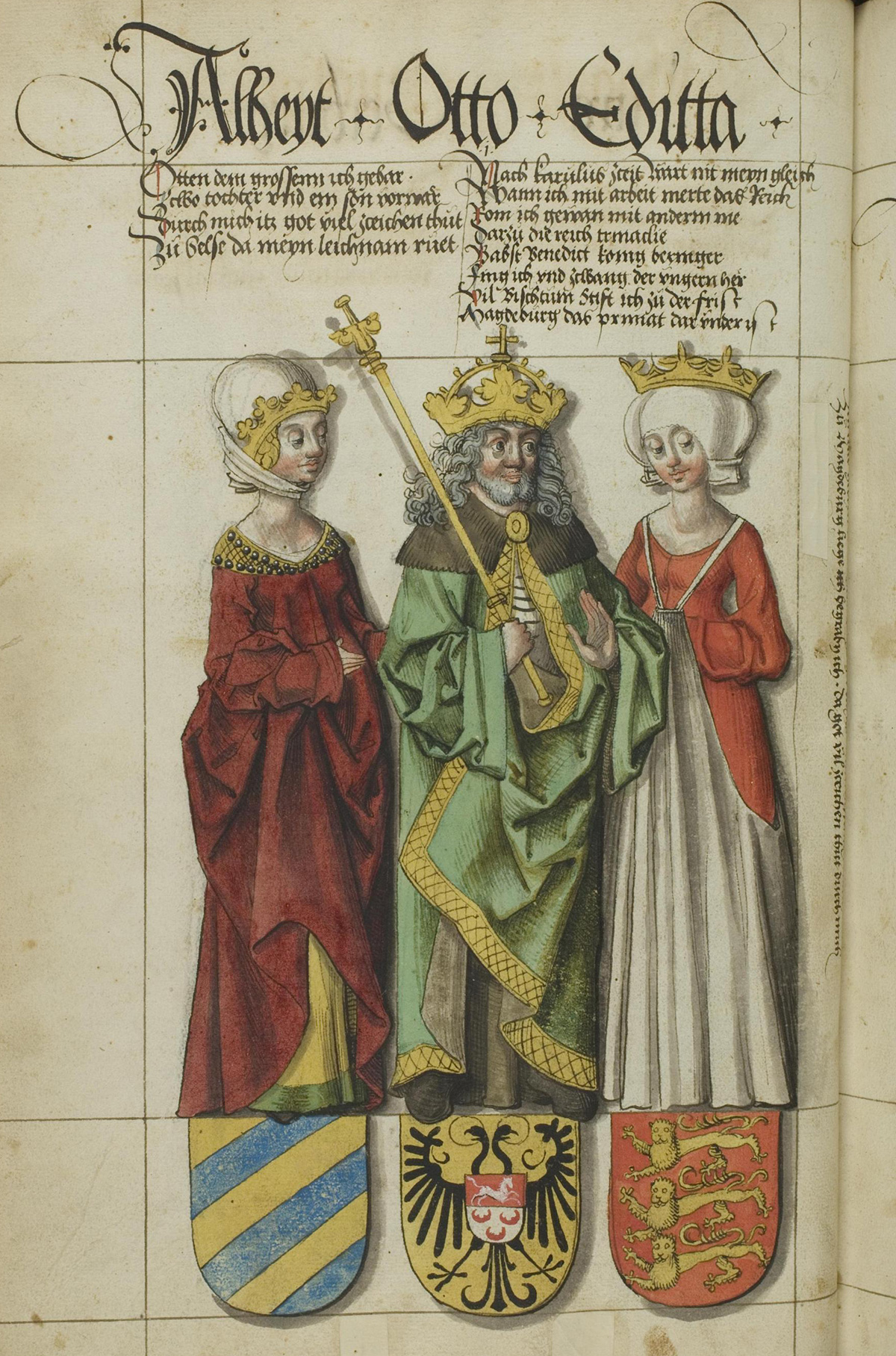 Otto und seine Ehefrauen Edgitha und Adelheid (links). Abbildung im Sächsischen Stammbuch von 1576.