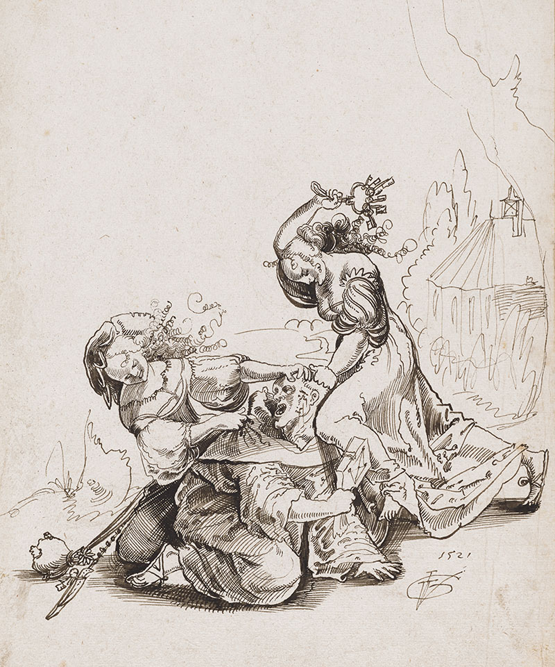 Illustration, die zwei Frauen zeigt, die einen Mönch schlagen