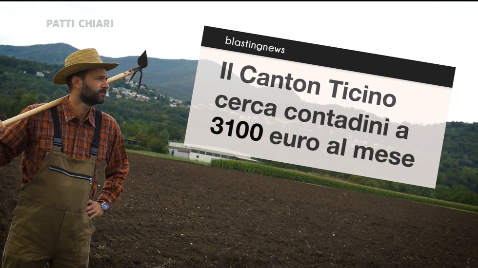 Il giornalista Agostinetti vestito da contadino su un campo; scritta sovrimpressa Canton Ticino cerca contadini 3100 euro/mese