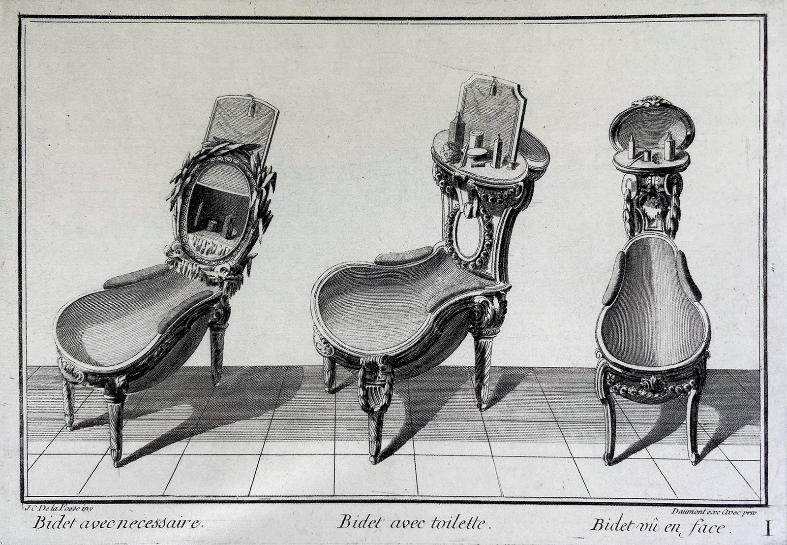Dessin de trois bidets anciens.