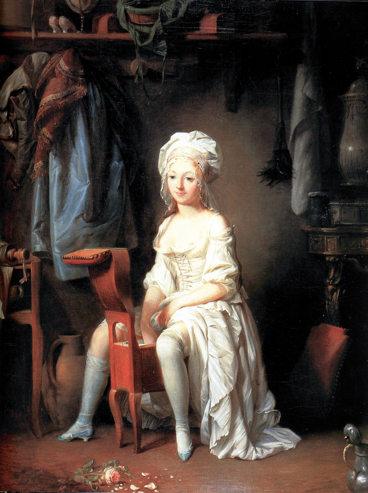 Portait à l huile d une femme d autrefois sur un bidet.