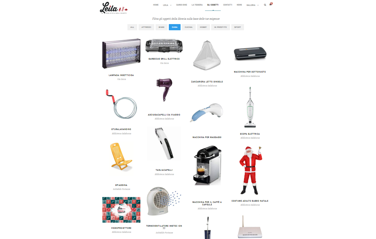 Pagina web con intestazione LEILA e una serie di oggetti sparsi con descrizione