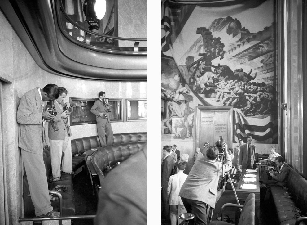 1955年7月18日、パレ・デ・ナシオンで、軍縮、世界安全保障、ドイツ統一をテーマとするサミットの開始を待つ写真家たち