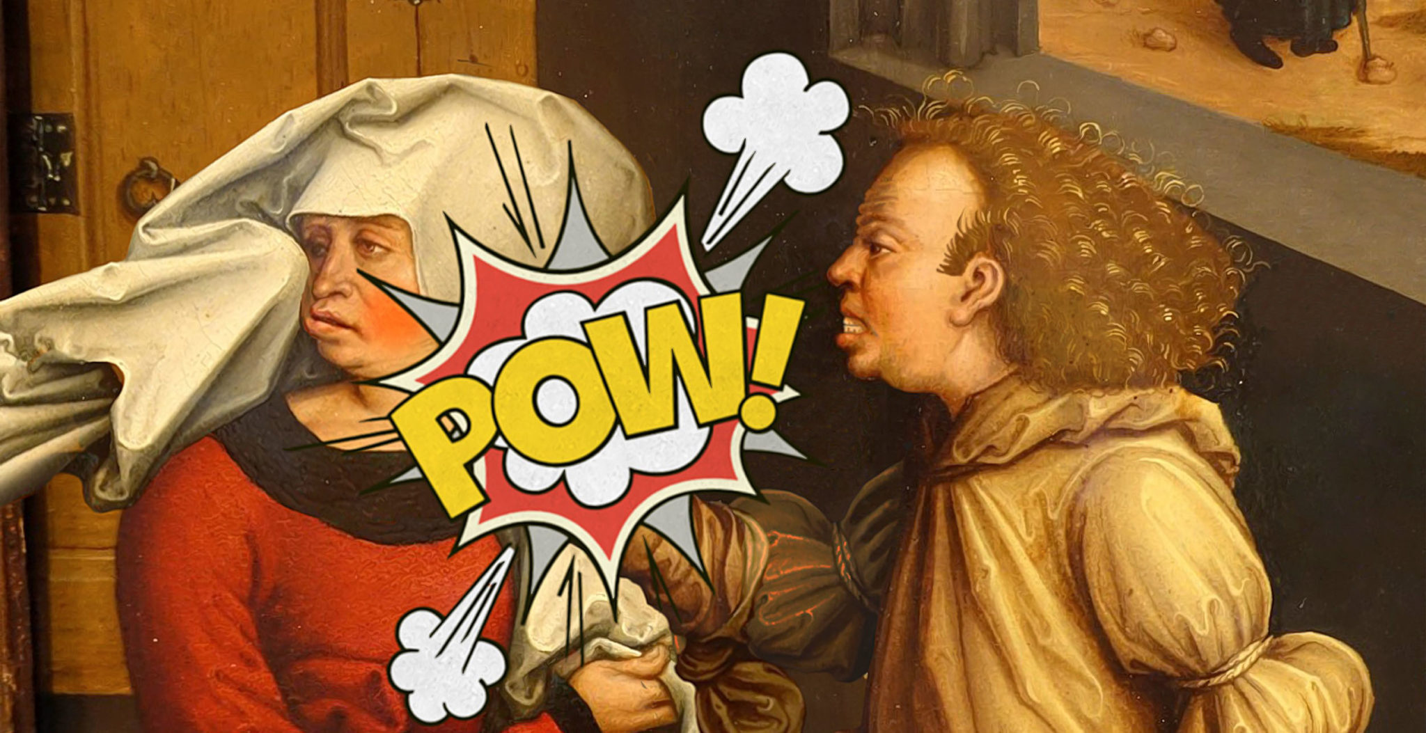 Montage montrant une bulle de bande dessinée sur une peinture classique.