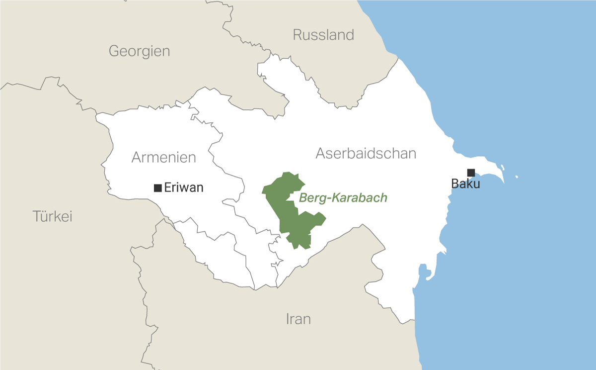 Karte der Region Berg-Karabach zwischen Armenien und Aserbaidschan.