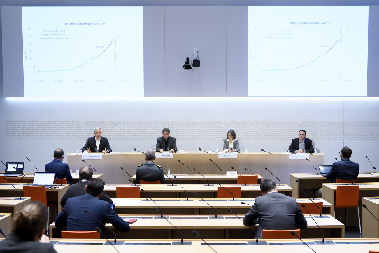 Sala di conferenza stampa; quattro persone al tavolo, grafici con curve alle loro spalle
