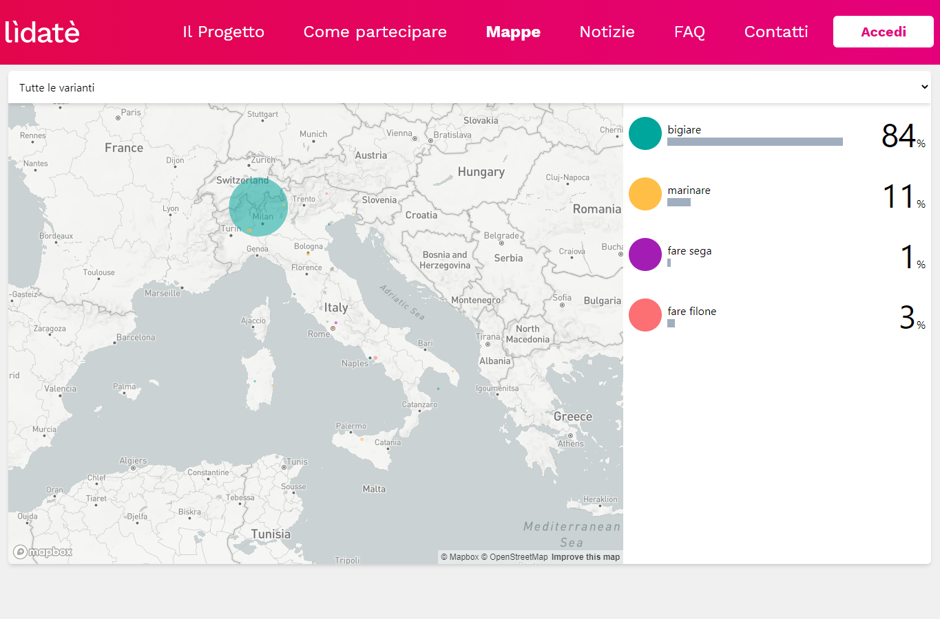 Mappa con indicate le regioni dove si dice bigiare, marinare, fare sega e fare filone