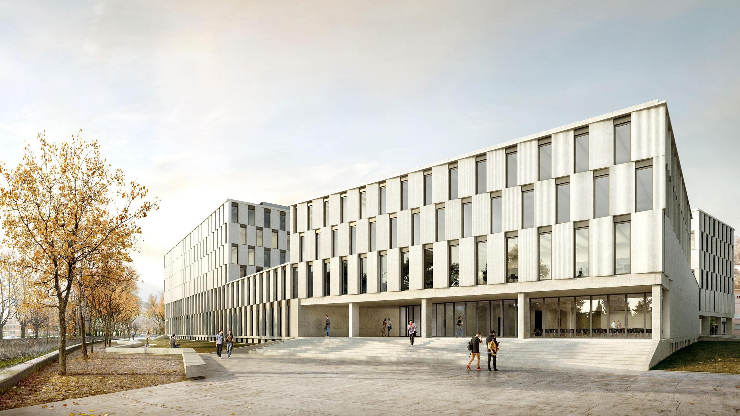 Render di un edificio in cemento armato in più volumi con finestre strette e alte