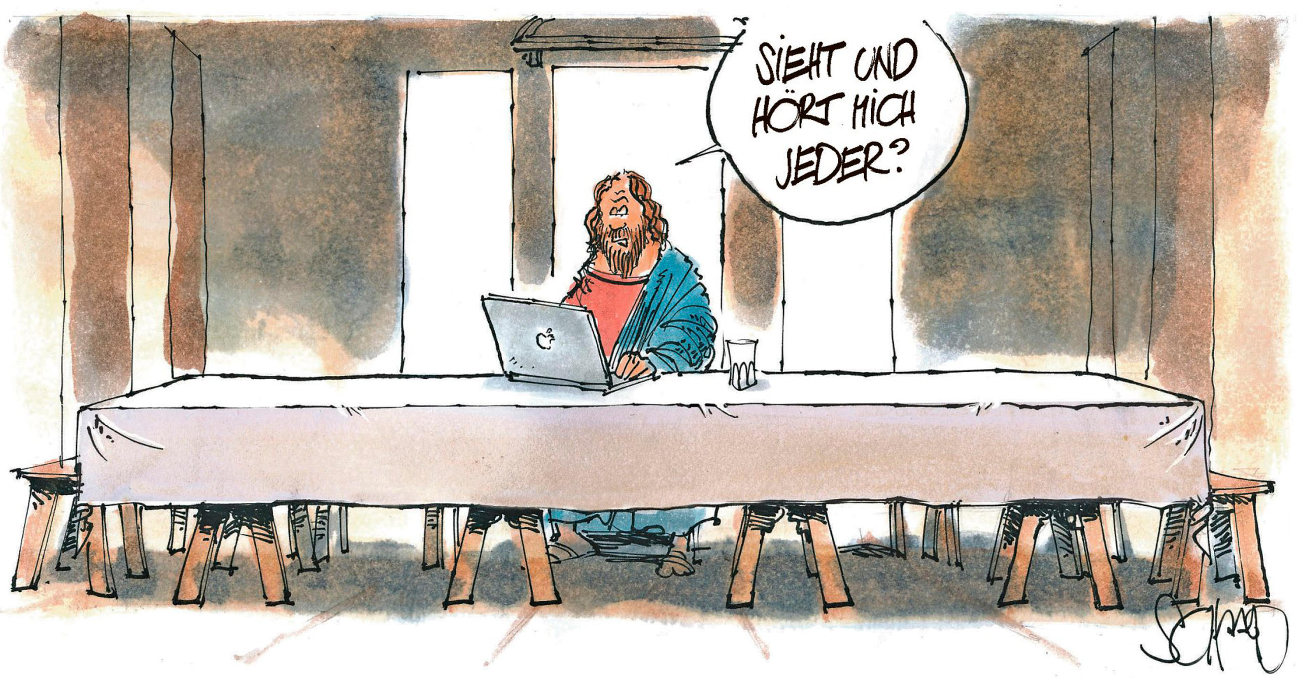 用Skype远程开会的耶稣