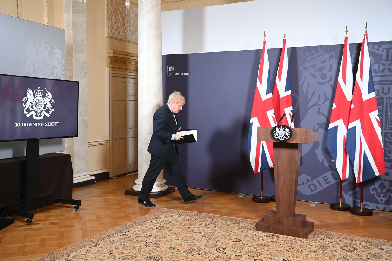 British PM Johnson, union jacks and a lectern