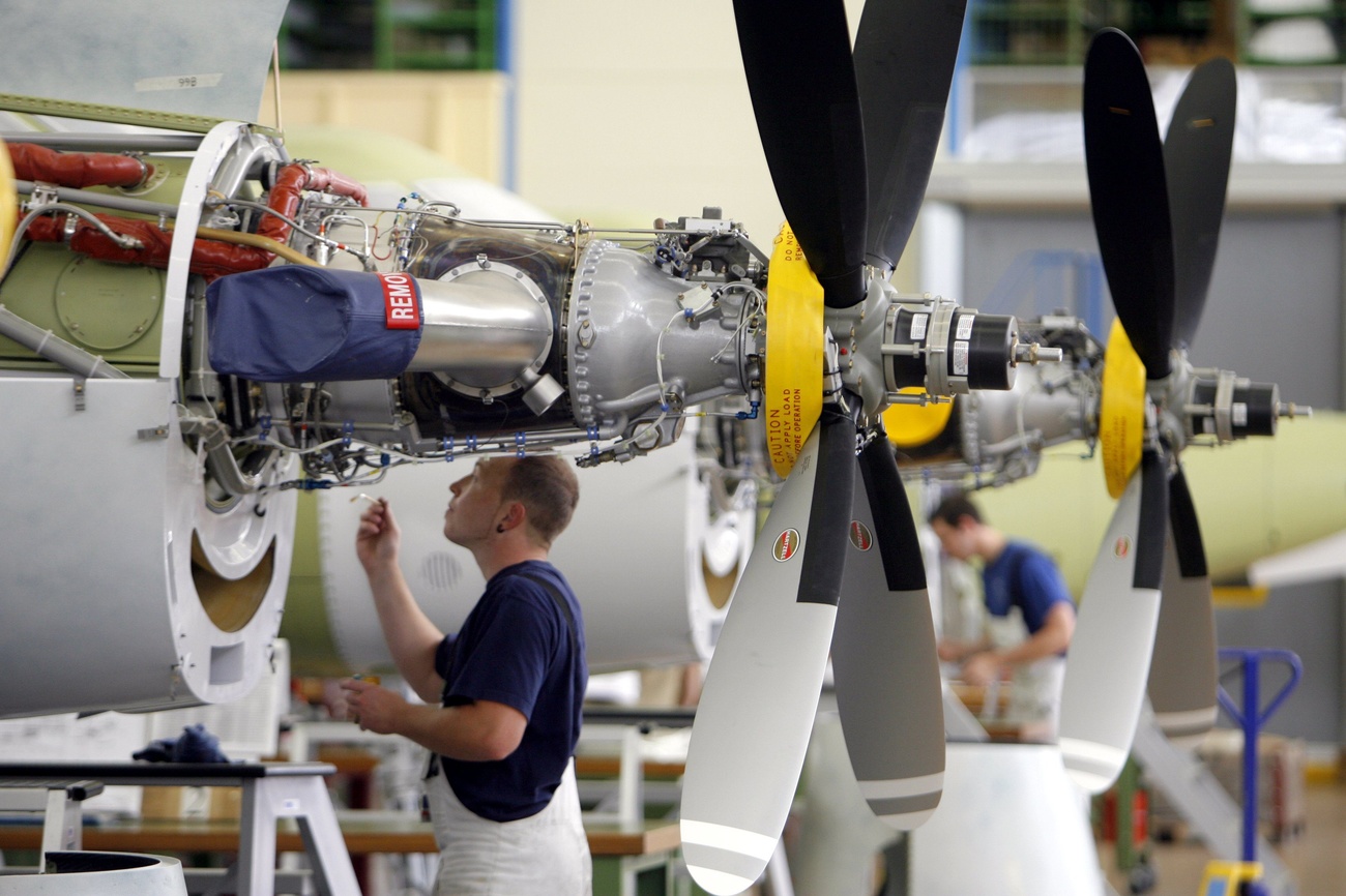 A Pilatus PC-21 aircraft being worked on in Stans, canton Nidwalden.