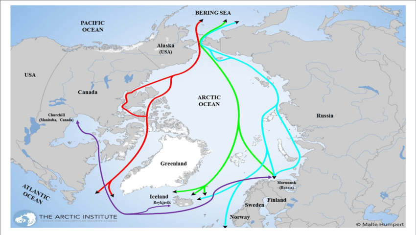 خريطة توضح الطرق البحرية الجديدة عبر القطب الشمالي