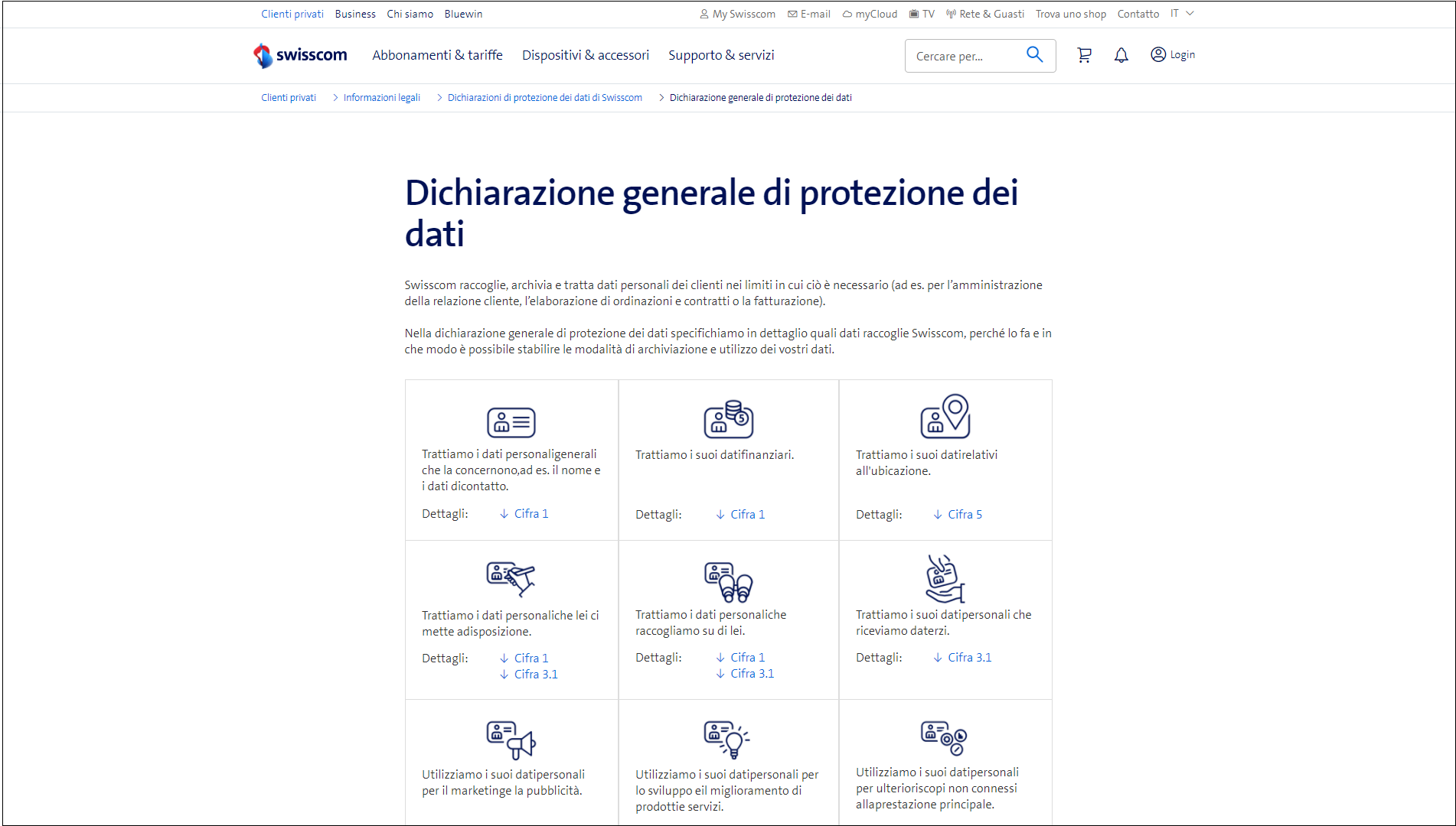 Pagina web con intestazione Swisscom e titolo Disposizioni generali di protezione dei dati