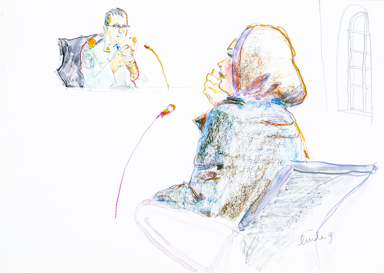 woman in court by artist